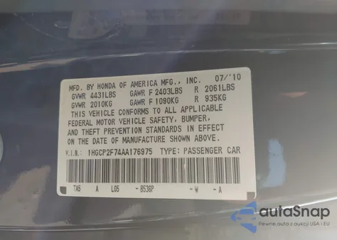 2010 Honda Accord Ex z USA, uszkodzony, nr VIN 1HGCP2F74AA176975